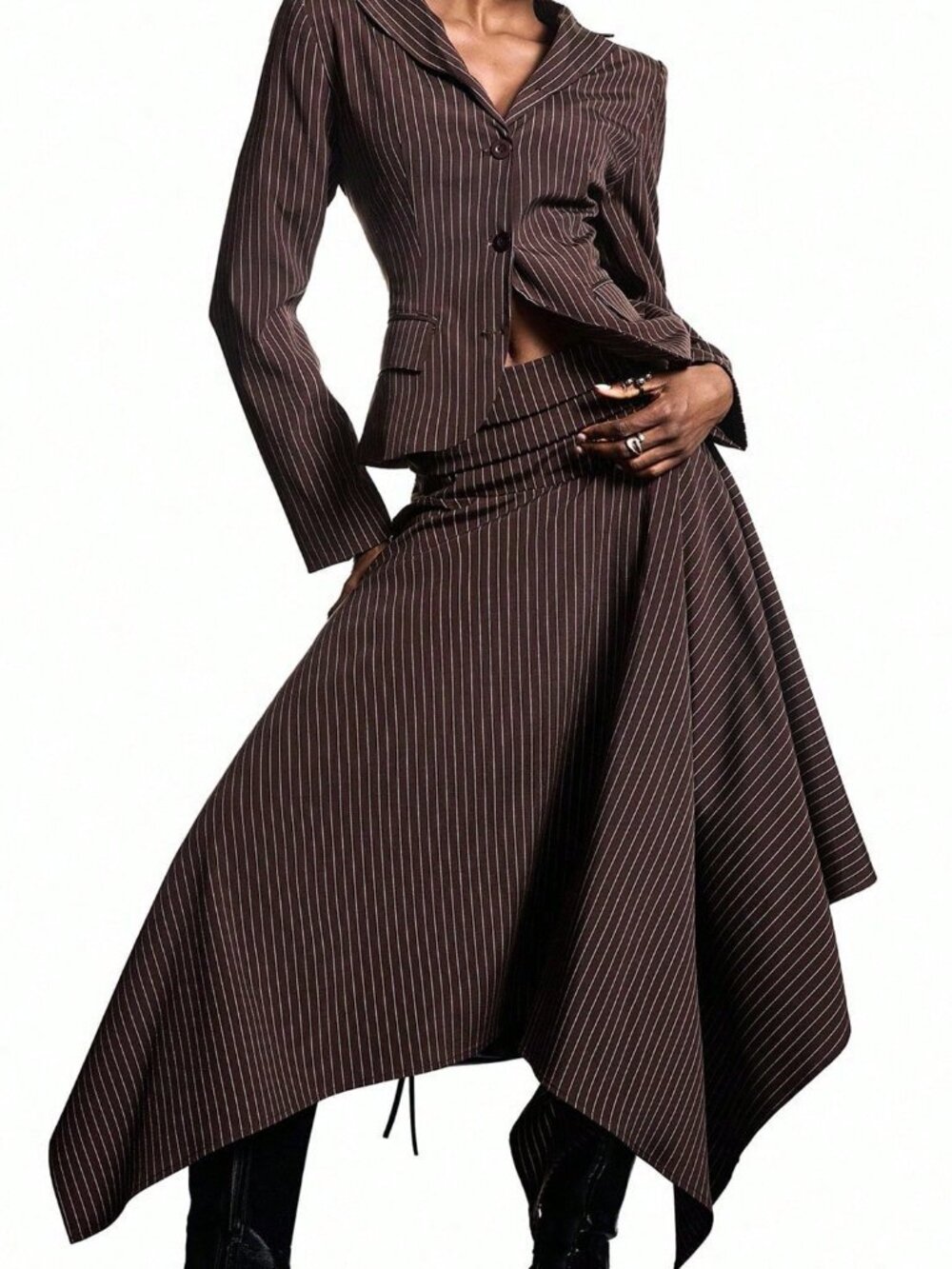 Rust Brown Elegant Women's Stripe Waist-Cinched Blazer Skirt Suit Set - Picture 6 of 7